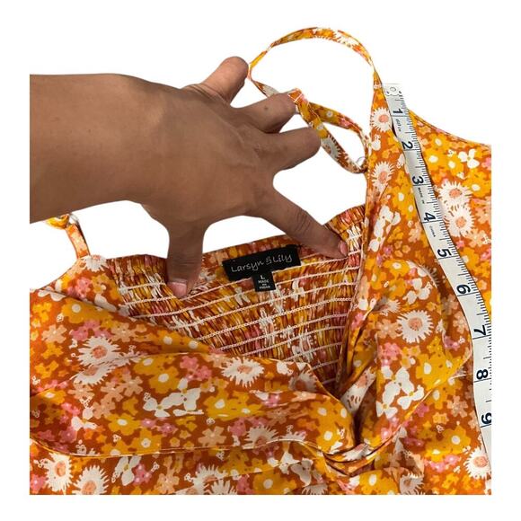 Larsyn & Lily Floral Burnt Orange Jumpsuit Smock Back Deep V-Neck Size Large - Picture 10 of 15